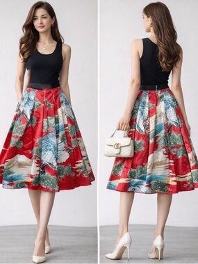 Gucci Silk Crane Print Pleated Skirt Red Statement Luxury Italy Size 40 small